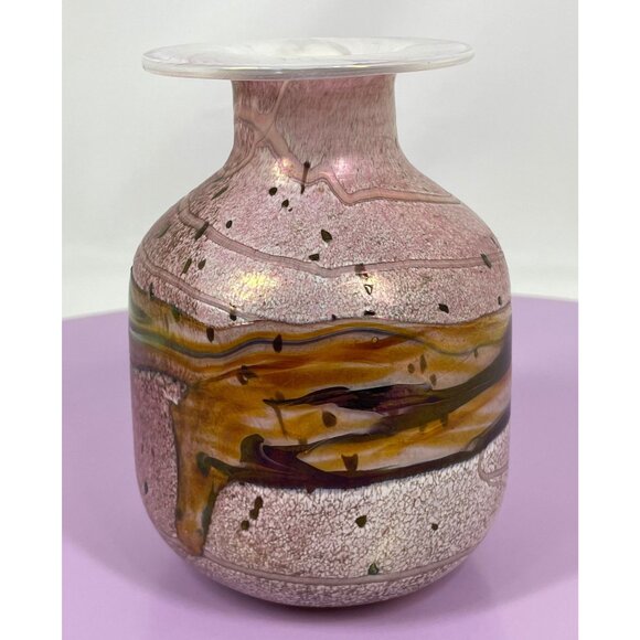 Vintage art glass vase, pink, green, gold, hand blown, signed Gozo Jean - Picture 3 of 10